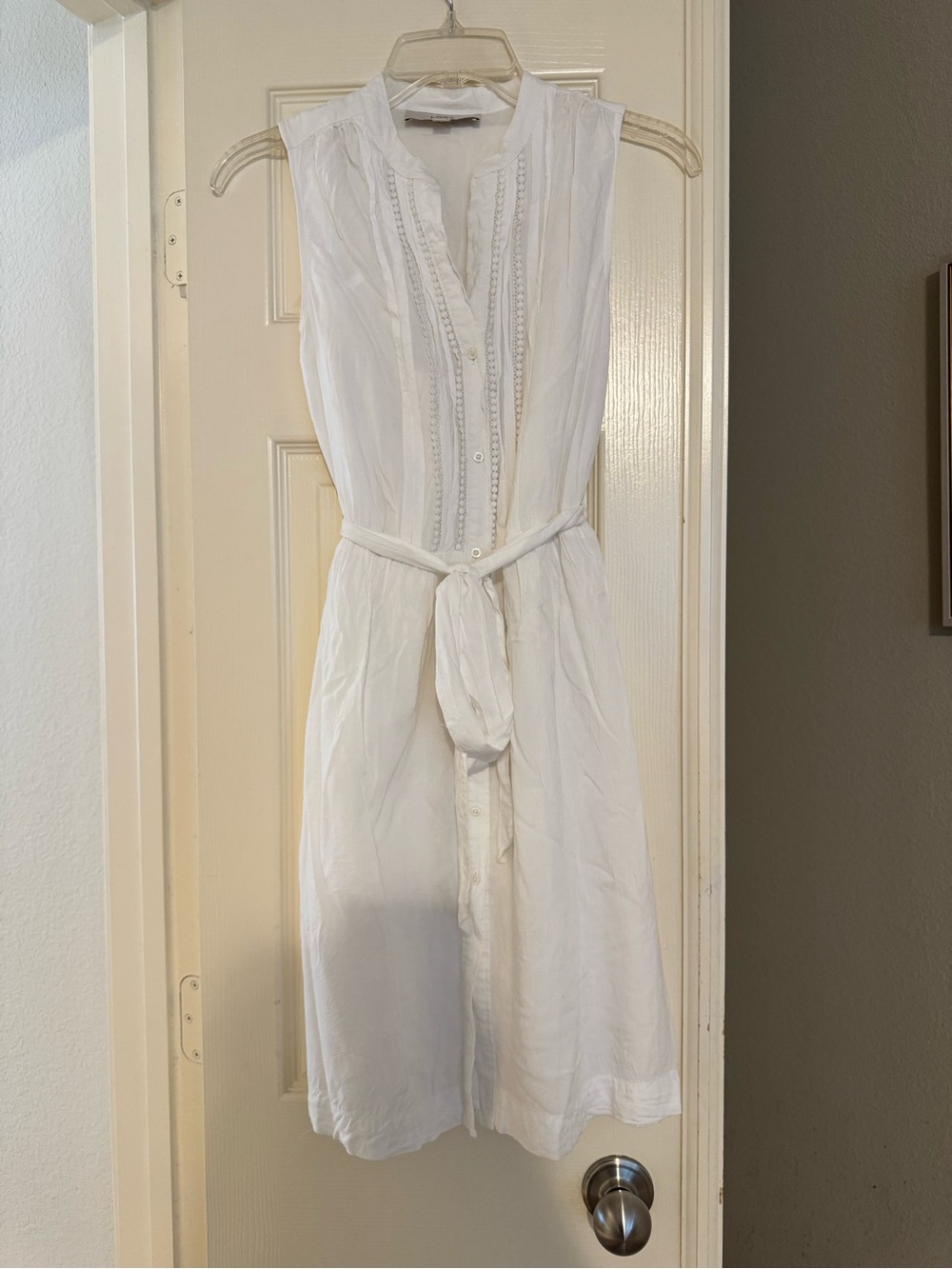 LOFT White Sleeveless Button-Front Dress with Tie Waist